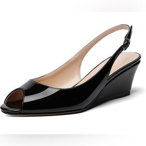 WAYDERNS Women's Peep Toe Slingback Buckle Patent Leather Wedge Low Heel Pumps.